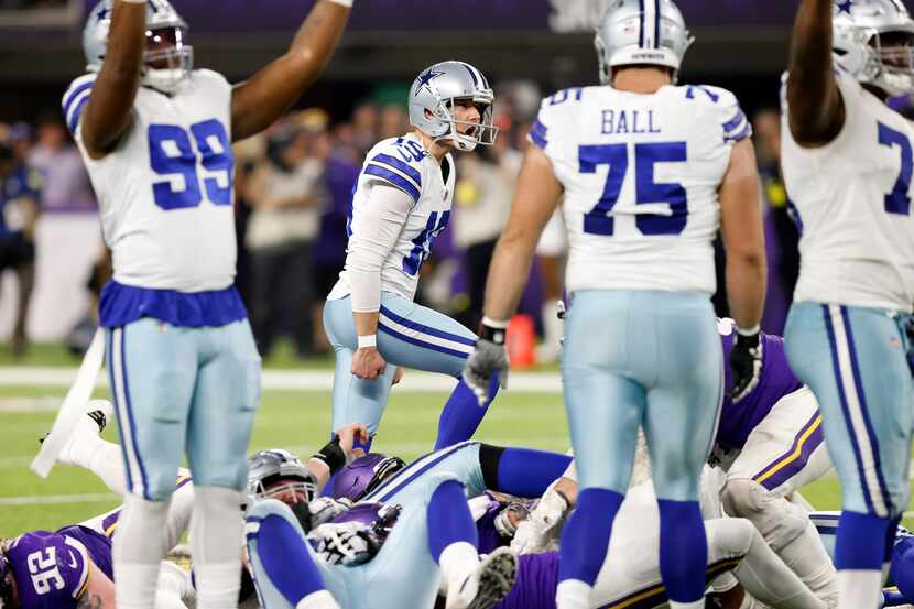 Dallas Cowboys place kicker Brett Maher (19) celebrates his last second field goal to close...