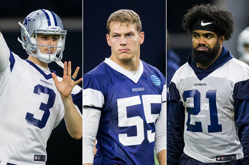 Left to right: Cowboys quarterback Mike White, linebacker Leighton Vander Esch and running...