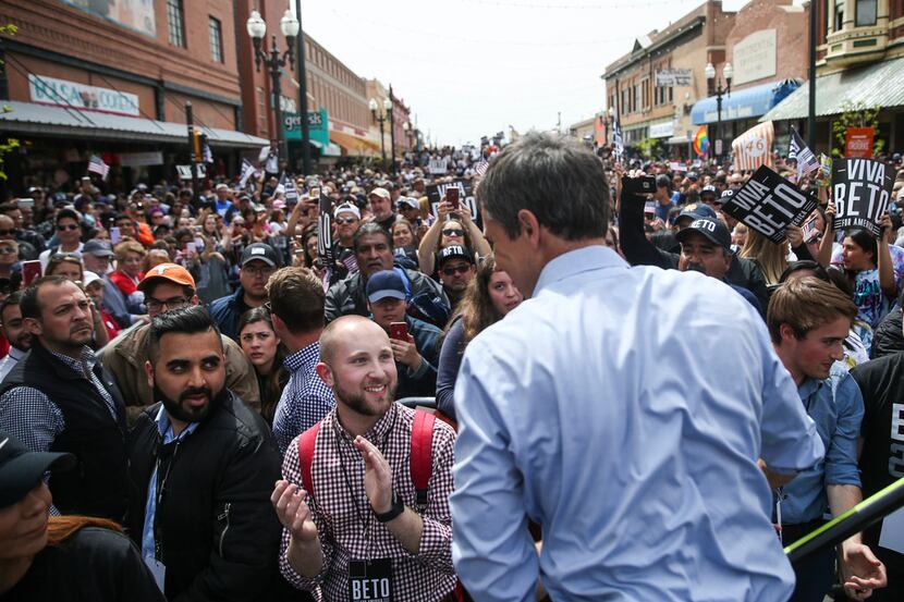 Beto O'Rourke greets fans after speaking at a presidential campaign kick-off rally in...