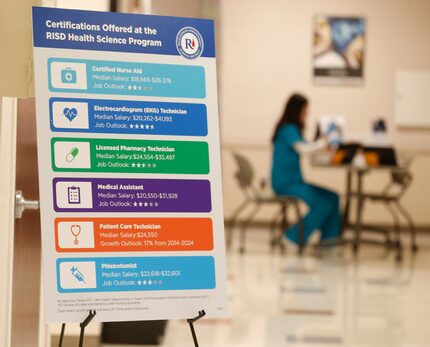 A sign is posted in the wing dedicated to RISD Health Science program at Methodist...