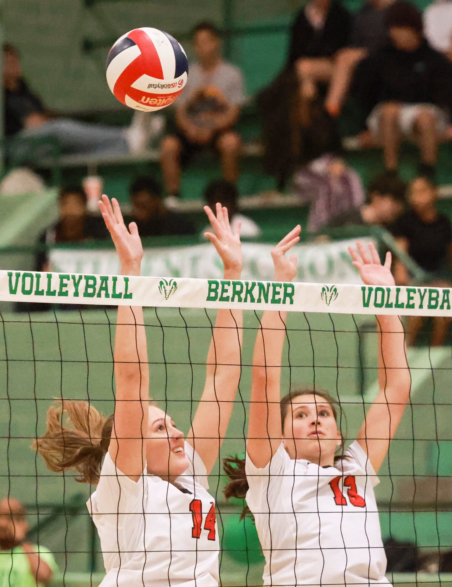 Lake Highlands High School Liza Dishman (14) and Hayden Layne (13) defend during the...