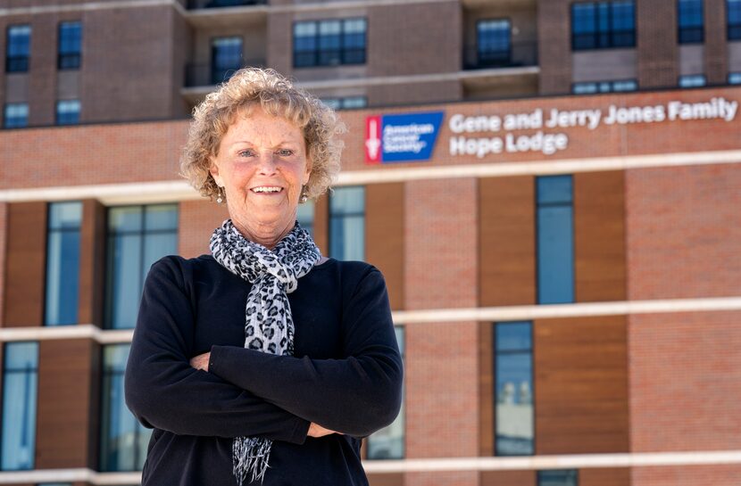 Rose Riley poses for a portrait outside the Gene and Jerry Jones Family Hope Lodge, a...