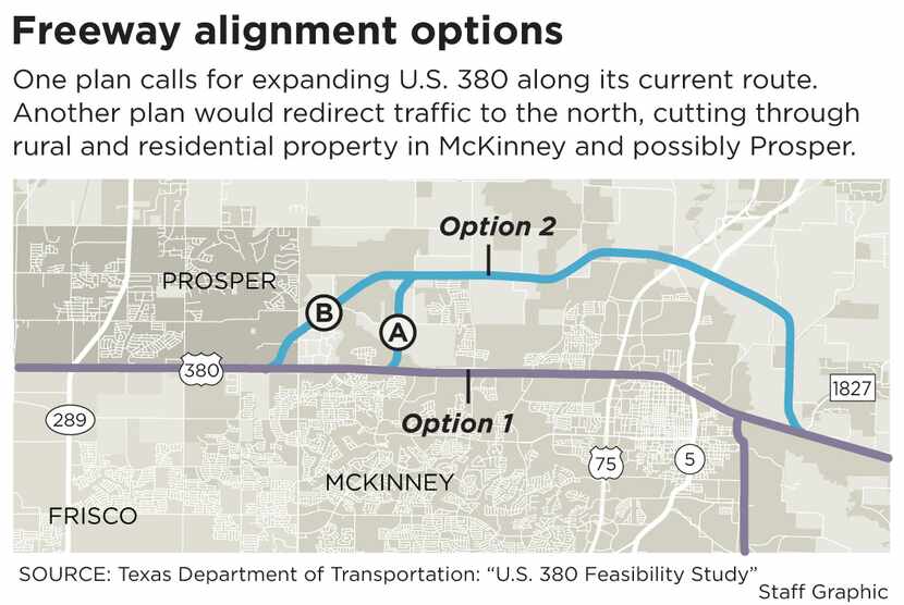 This map shows the two revised alignments proposed by TxDOT to improve U.S. Highway 380. 