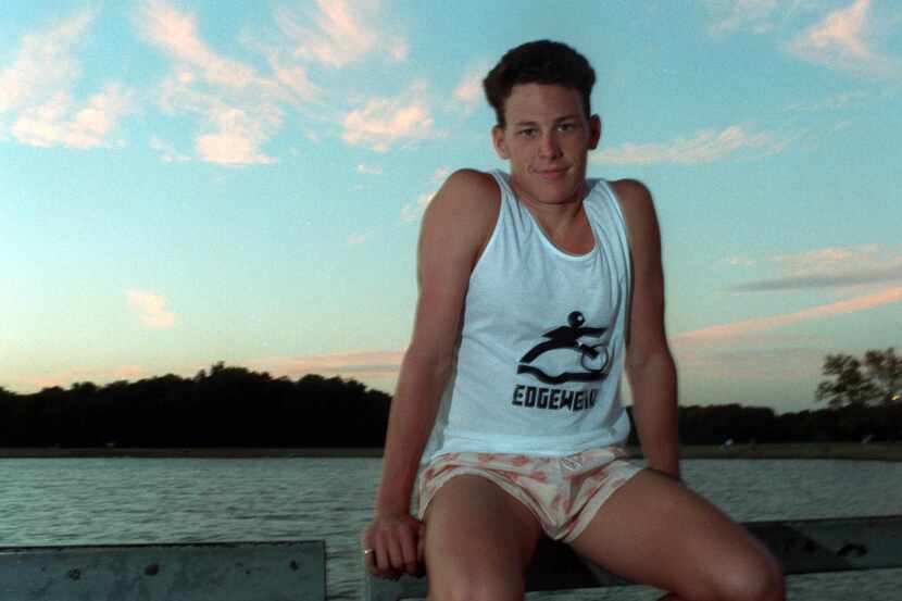 Shot October 17, 1988 - Lance Armstrong poses at the pond at Oak Grove Park in Plano.