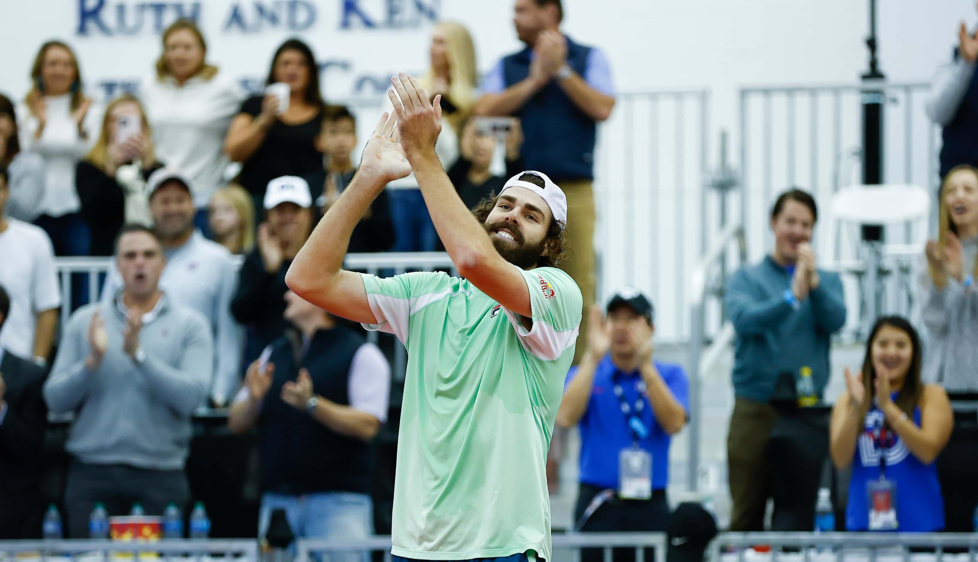 Reilly Opelka celebrates winning the finals ATP Dallas Open against Jenson Brooksby at The...