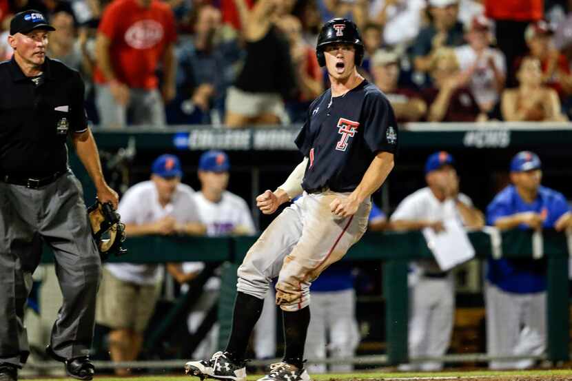 Texas Tech's Cody Farhat (1) reacts after scoring against Florida on a two-run single by...