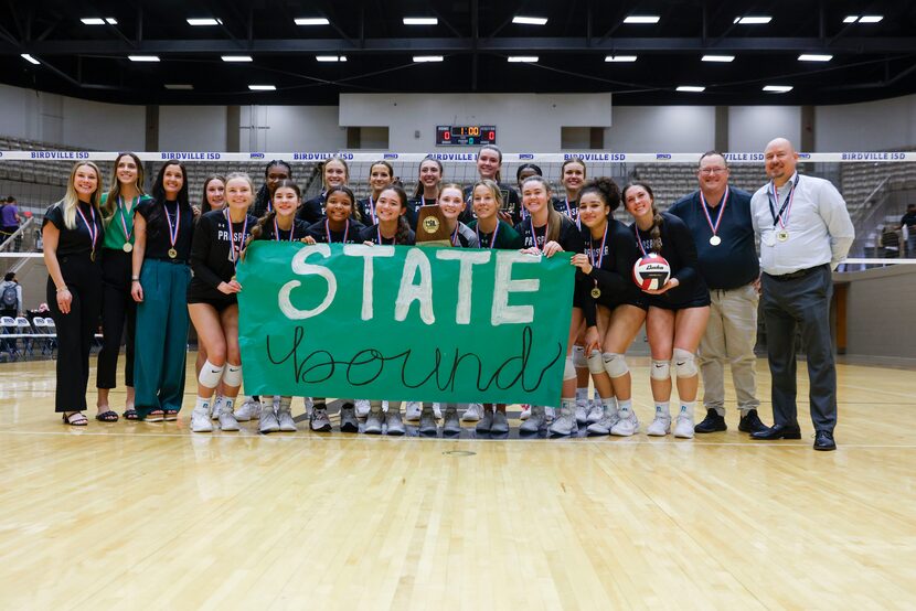 Prosper High players pose for a photo after winning against Flower Mound high during class...