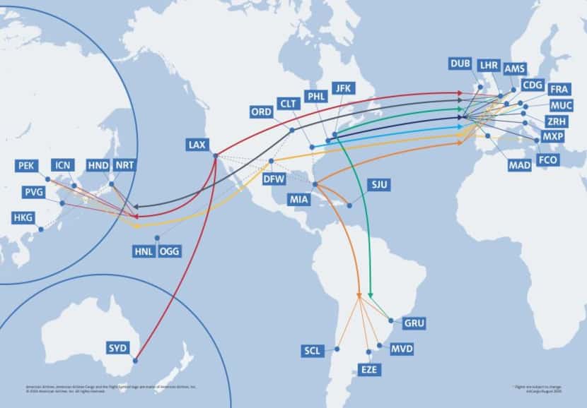 American Airlines' cargo-only route map for August 2020.
