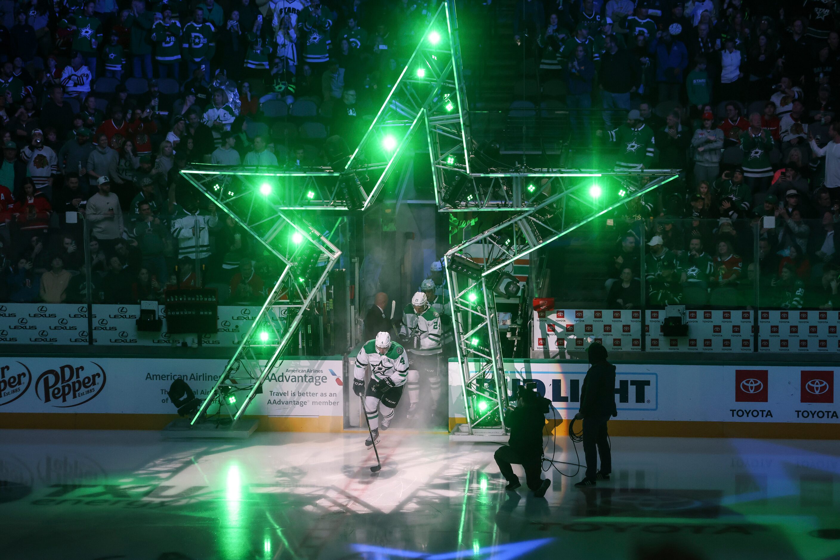 Dallas Stars defenseman Miro Heiskanen (4) runs onto the ice before the game against the...