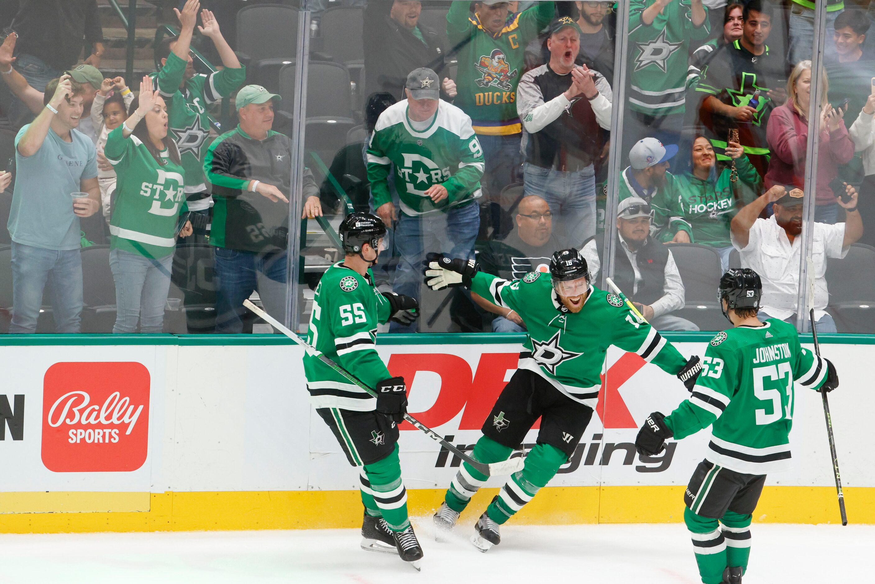 Dallas Stars center Joe Pavelski (center) celebrates his overtime goal with defenseman...