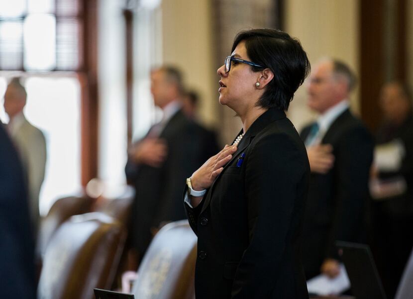 State Sen. Jessica Gonzalez recites the Pledge of Allegiance  on the third day of the 86th...