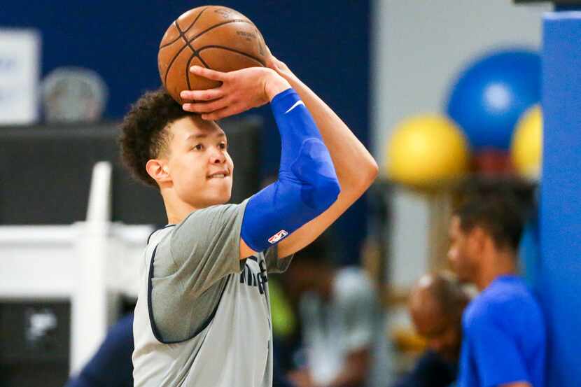 Rookie forward Isaiah Roby (9) takes a shot during a Mavericks summer league practice at the...