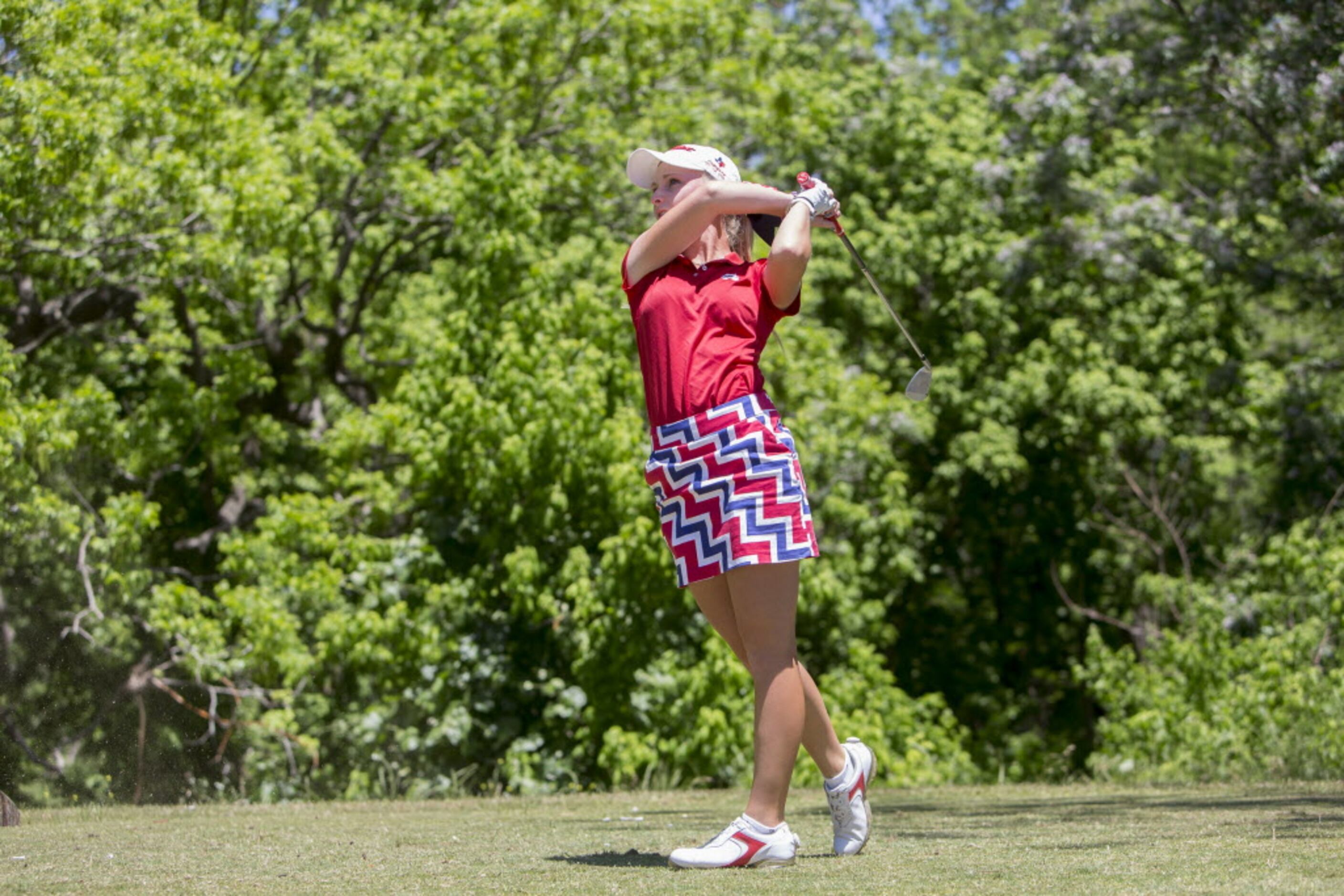 Allen senior Maddie Szeryk tees off on the second hole during the UIL 5A State Golf...