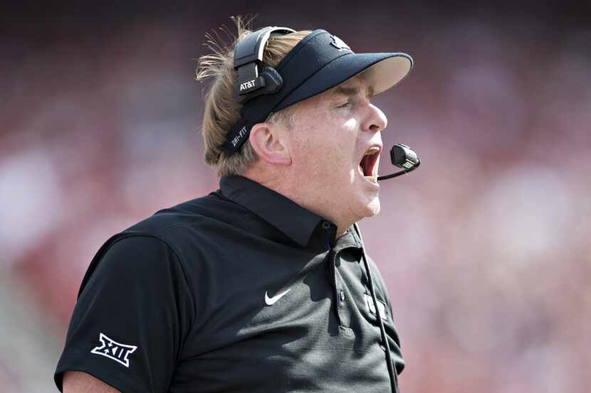 FAYETTEVILLE, AR - SEPTEMBER 9: Head Coach Gary Patterson of the TCU Horned Frogs yells to...