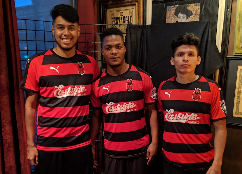 Denton Diablos players Abraham Hernandez, Shadrack Villa, and Abraham Escamilla model the...