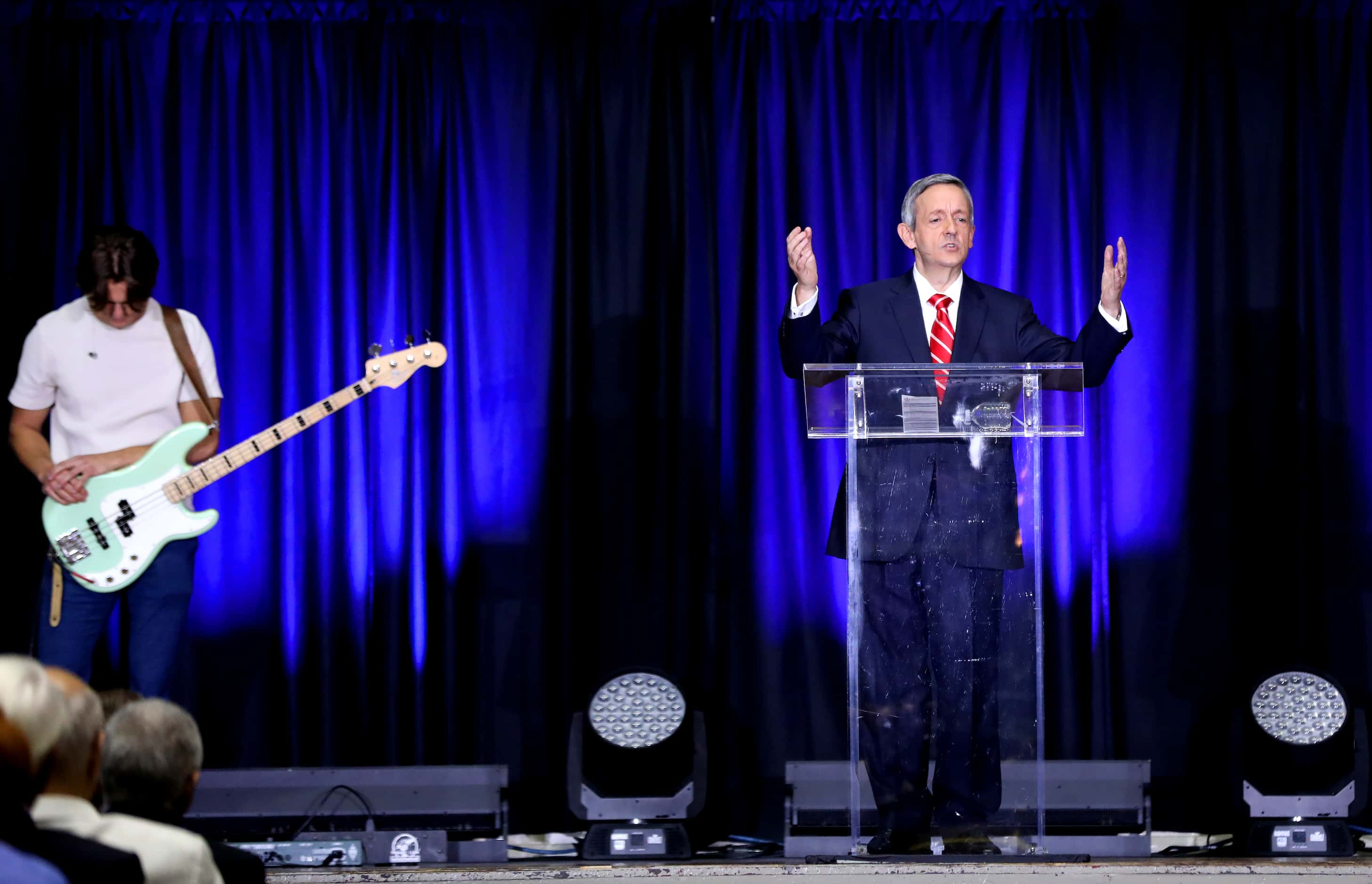 First Baptist Church Senior Pastor Robert Jeffress participates in Sunday service held at...