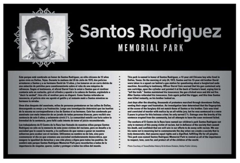 Plaque at the Santos Rodriguez Memorial Park addresses his short life in Dallas and the...