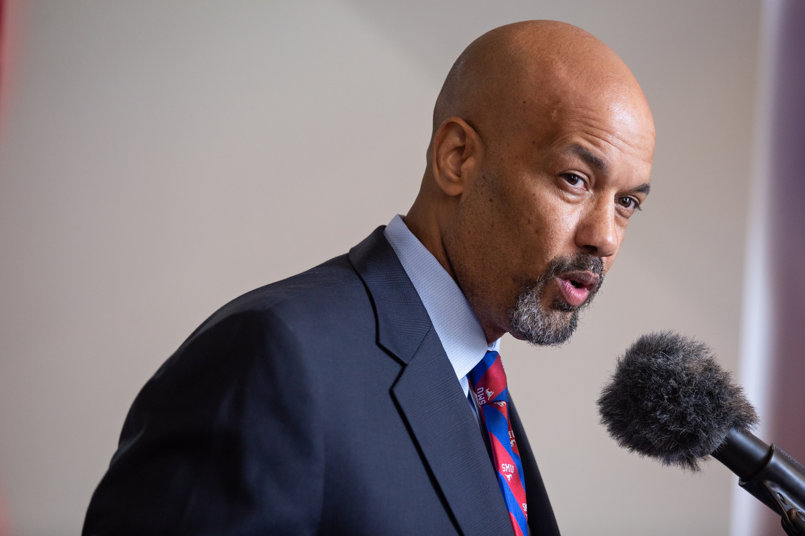 SMU’s new Head Men’s Basketball Coach Rob Lanier speaks at a press conference announcing his...