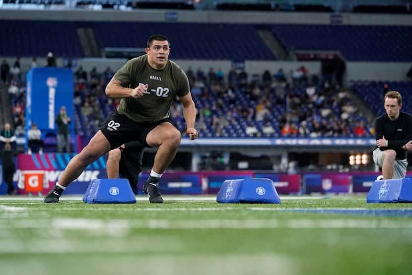 Clemson defensive lineman Bryan Bresee runs a drill at the NFL football scouting combine in...
