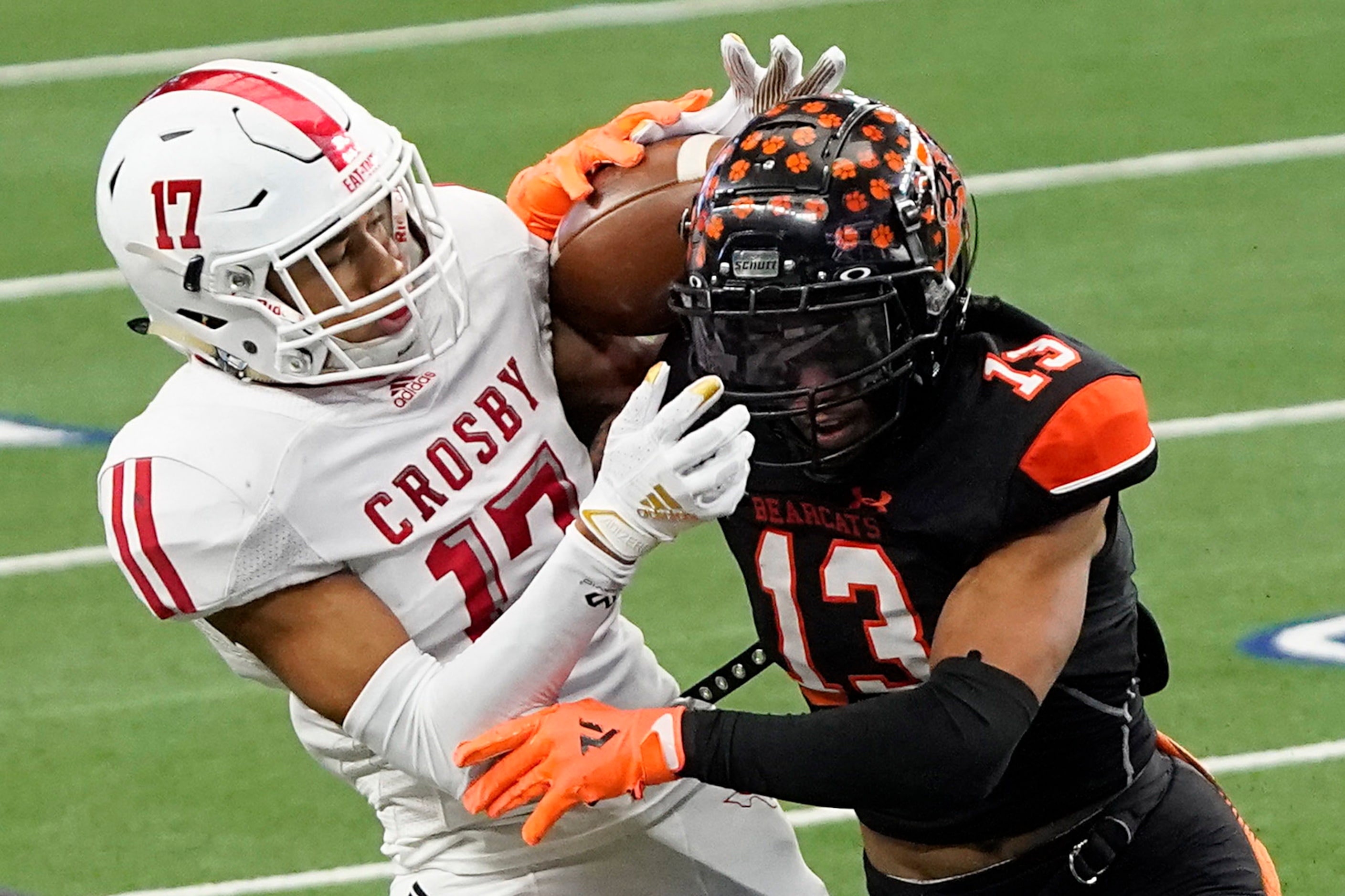 Aledo Logan Flinta (13) defends a pass to Crosby wide receiver Irvin Paige (17)\ during the...