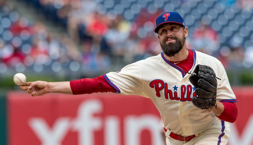Philadelpha Phillies relief pitcher Pat Neshek throws in the eighth inning against the San...