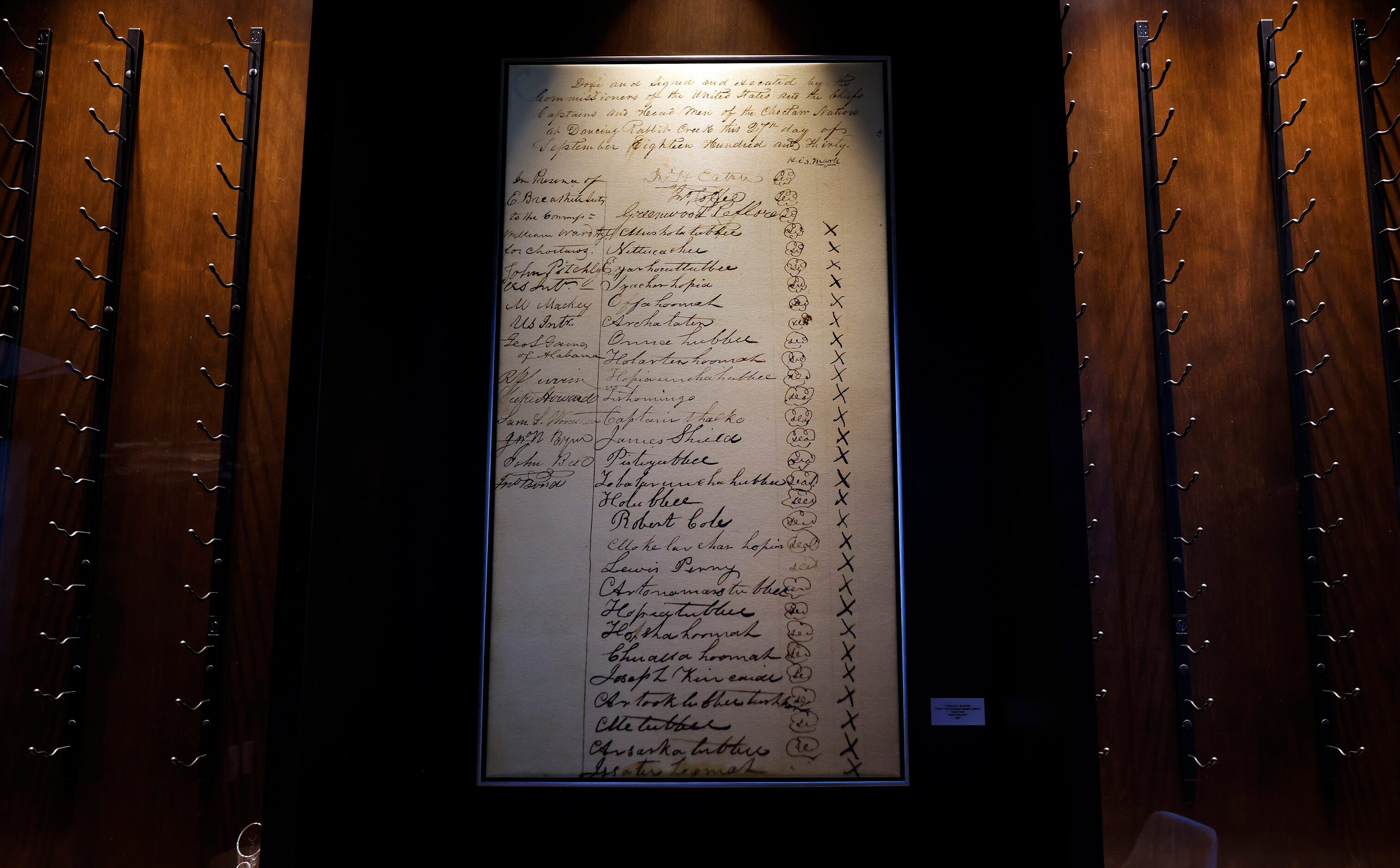 An enlarged photo of the Treaty of Dancing Rabbit Creek is on display in a private dining...