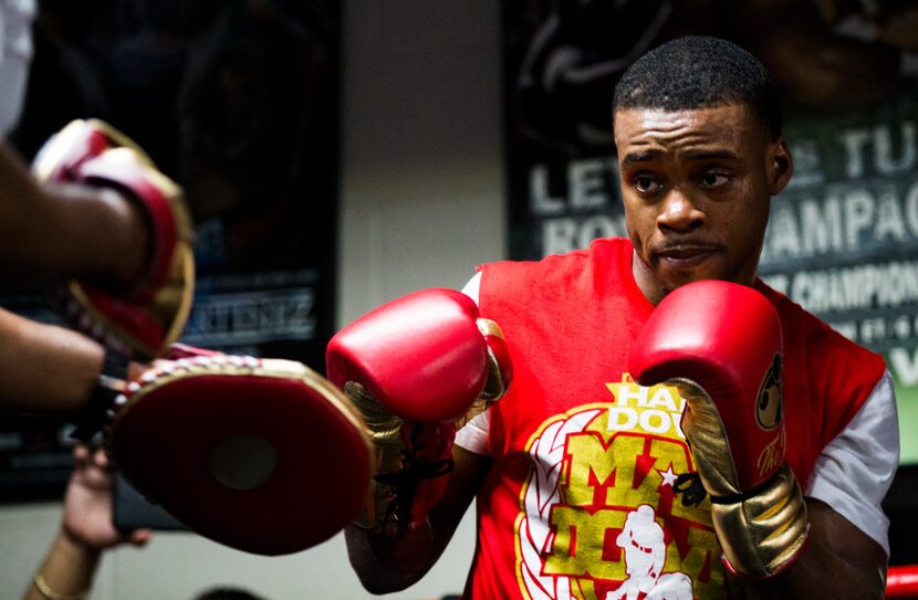 Number one ranked IBF Welterweight contender Errol Spence, Jr. works out with his trainer,...