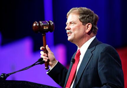  Tom Mechler, Candidate for State Party Chairman, hits the gavel to officially start the...