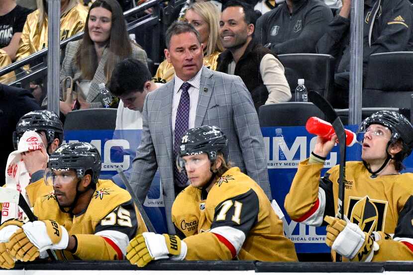 Vegas Golden Knights coach Bruce Cassidy watches during the third period of the team's NHL...