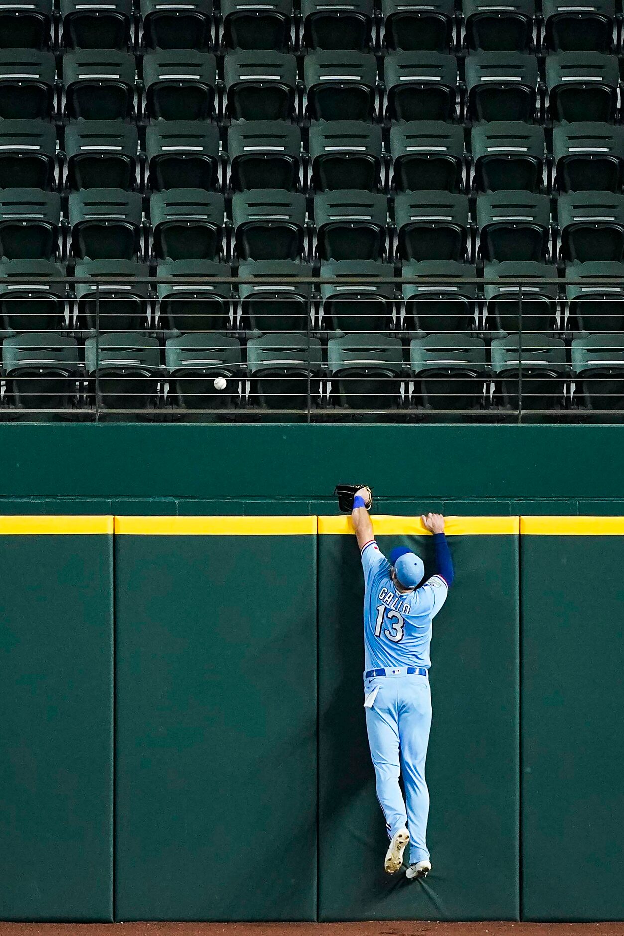 A home run off the bat of Colorado Rockies shortstop Trevor Story lands in the empty right...