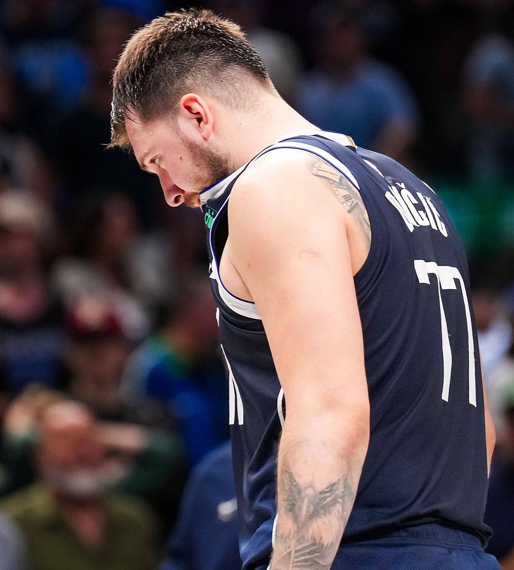 Dallas Mavericks guard Luka Doncic reacts after missing a free throw in the final seconds of...