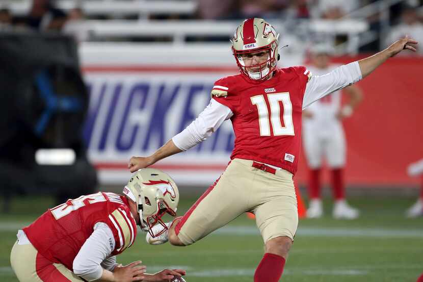 BIRMINGHAM, AL - APRIL 15: Birmingham Stallions kicker Brandon Aubrey (10) connects on a 49...