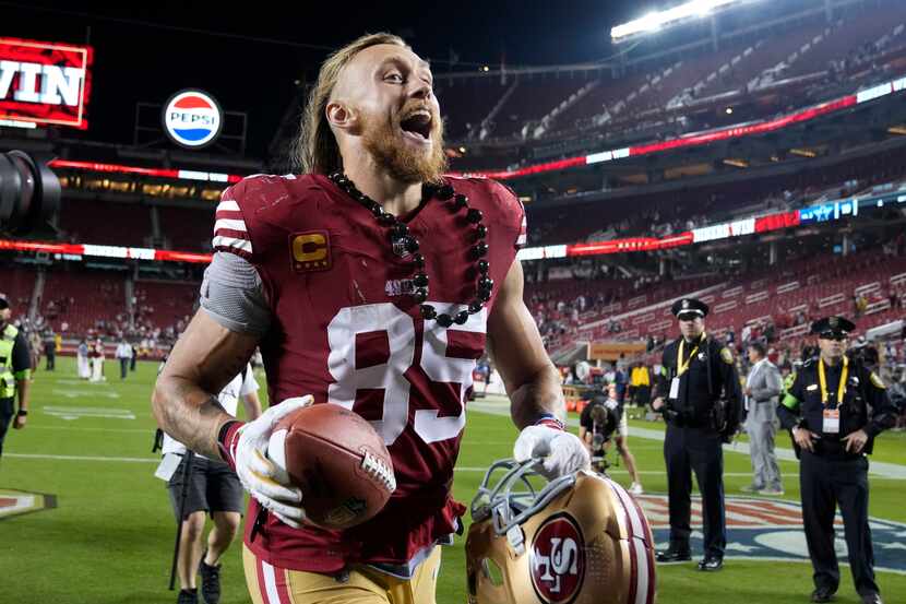 San Francisco 49ers tight end George Kittle (85) celebrates after the 49ers defeated the...