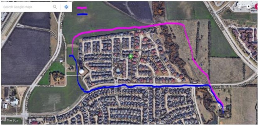 A map provided by the city of Plano shows the two possible routes for moving the Collinwood...