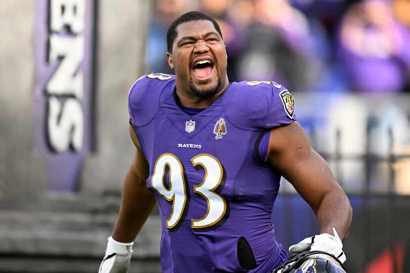 Calais Campbell #93 of the Baltimore Ravens is introduced before the game against the Denver...