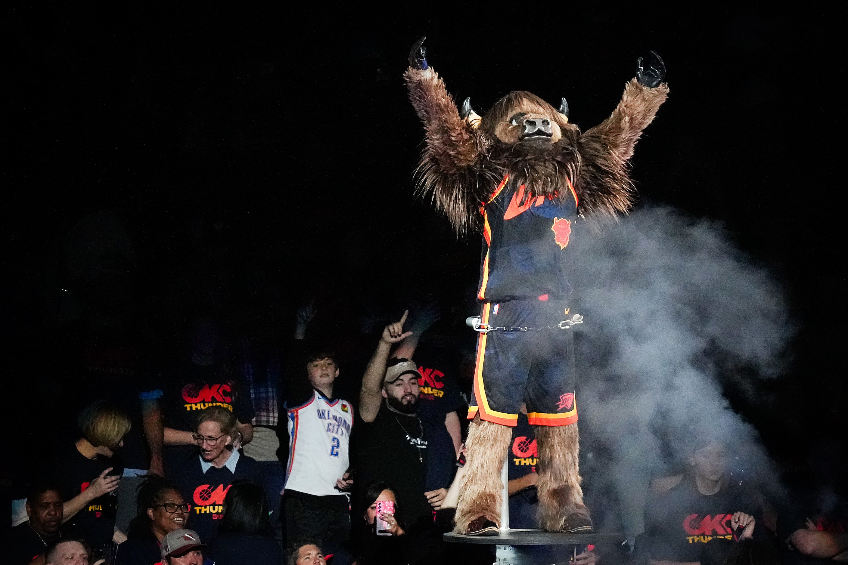 Oklahoma City Thunder mascot Rumble the Bison pumps up the crowd before Game 5 of an NBA...