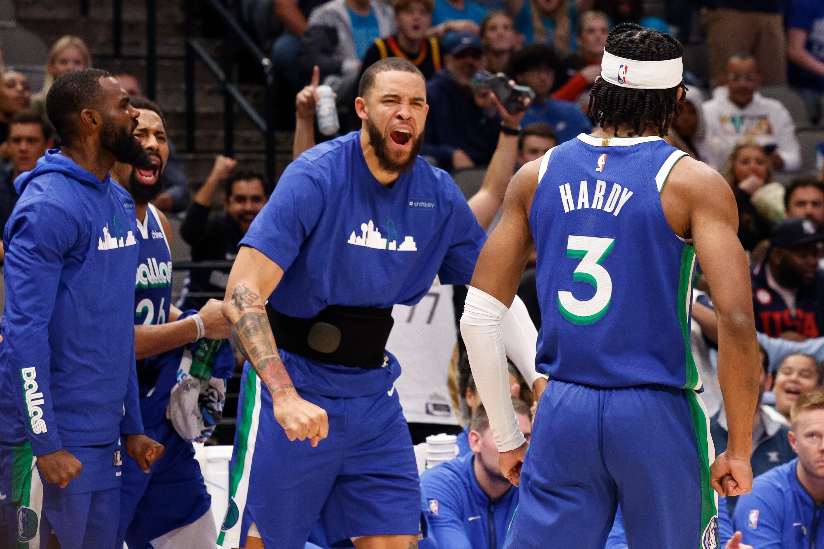 Dallas Mavericks guard Jaden Hardy (3) celebrates after making a basket while being fouled...