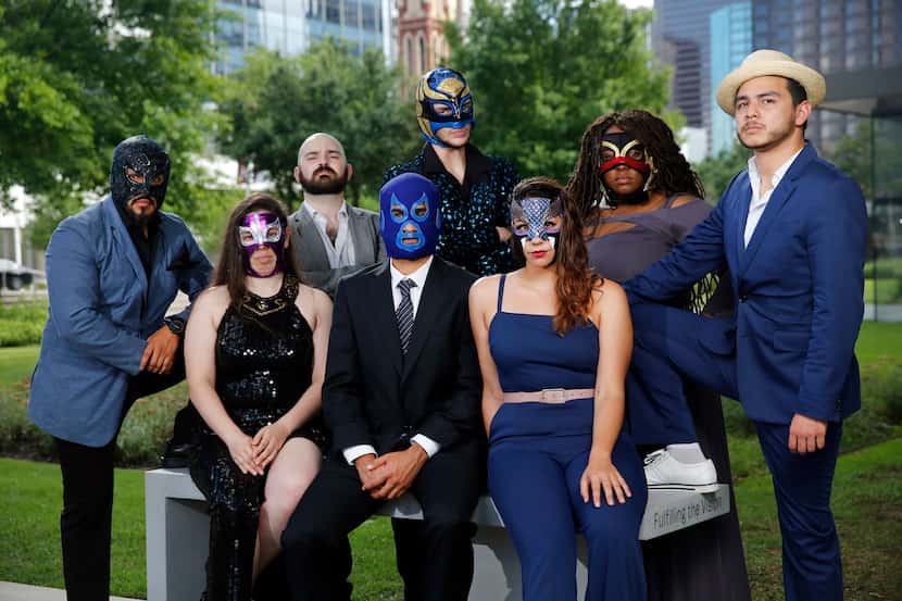The cast and co-writers of "Lucha Teotl" pose for a portrait in the Dallas Arts District,...