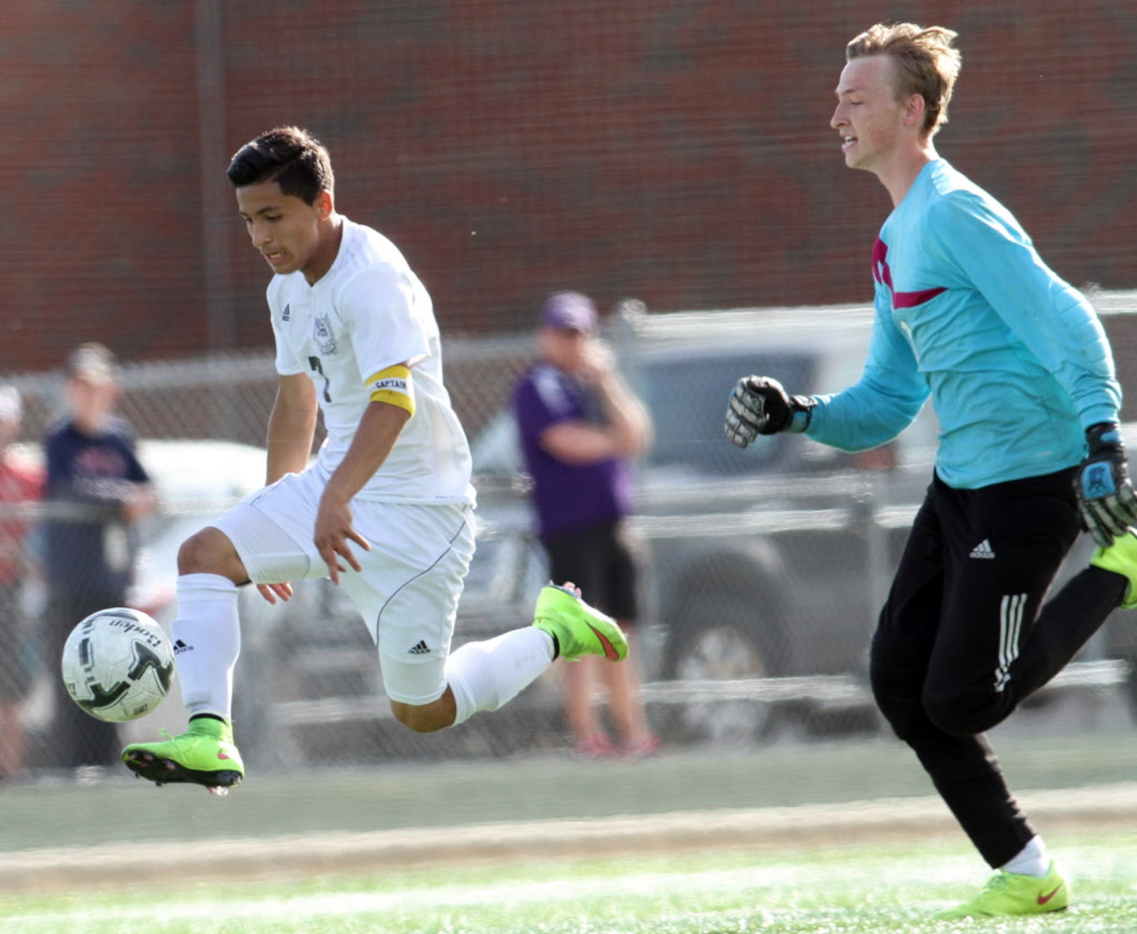 Life Oak Cliff's Jose Rodriguez (7) flies toward an open net as Abilene Wylie's goalie Zane...