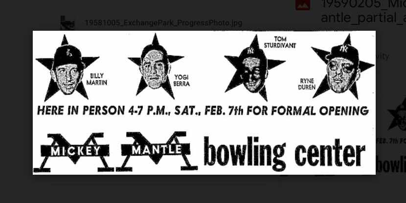 Advertisement in The News for the opeing of the Mickey Mantle Bowling Center.