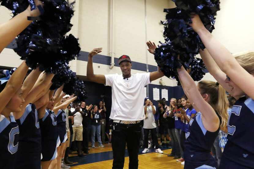 Indiana Pacers basketball player Myles Turner and a former Central Junior High student in...