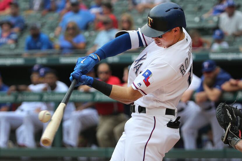FILE -- Texas Rangers third baseman Drew Robinson (18) is pictured during the Houston Astros...