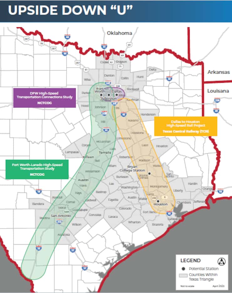 One of NCTCOG's two potential visions to connect the Texas Triangle with high-speed rail.
