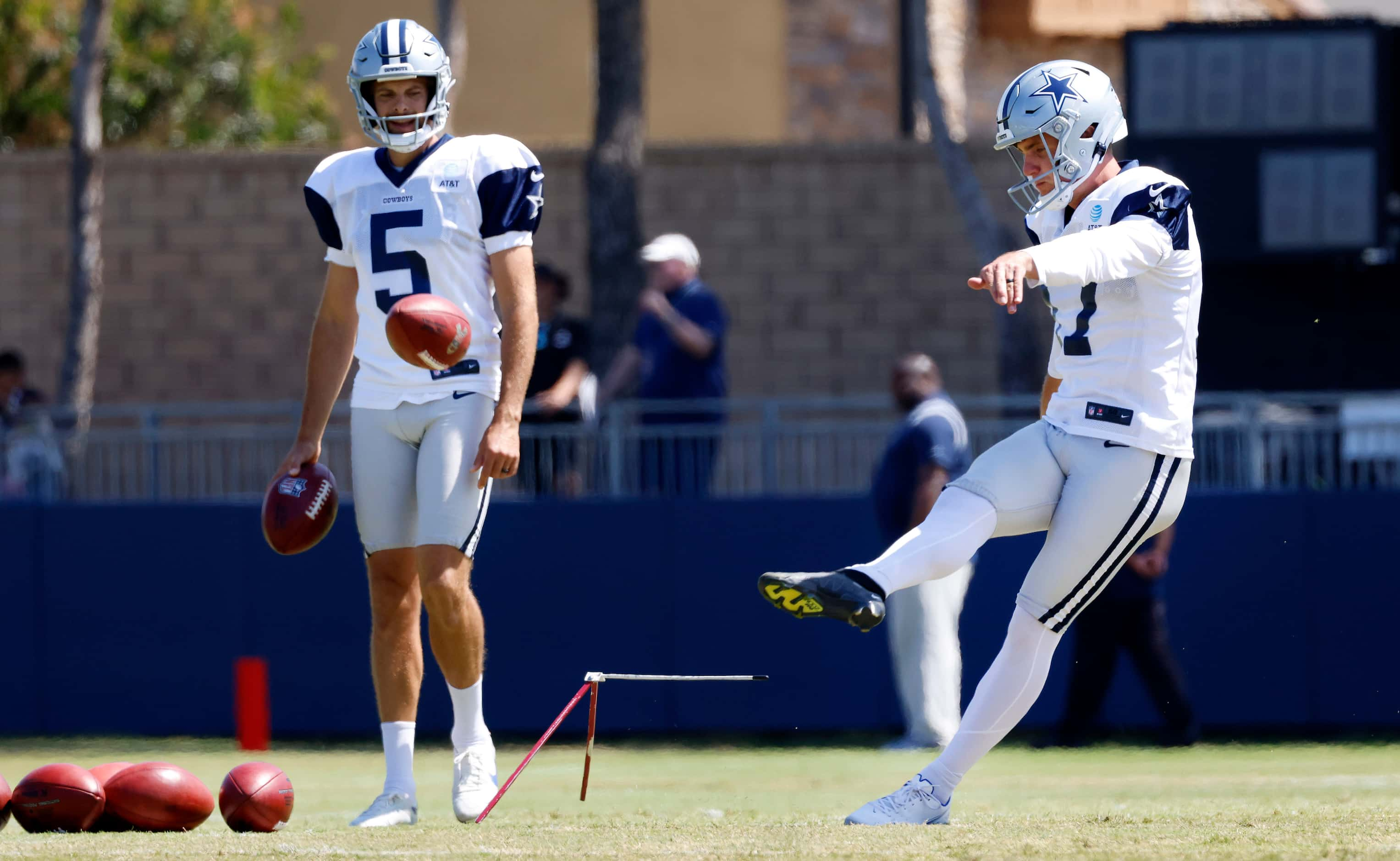 Dallas Cowboys place kicker Brandon Aubrey (17) kicks field goals during a training camp...