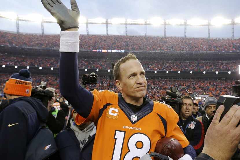 FILE - In this Jan. 24, 2016, file photo, Denver Broncos quarterback Peyton Manning waves to...