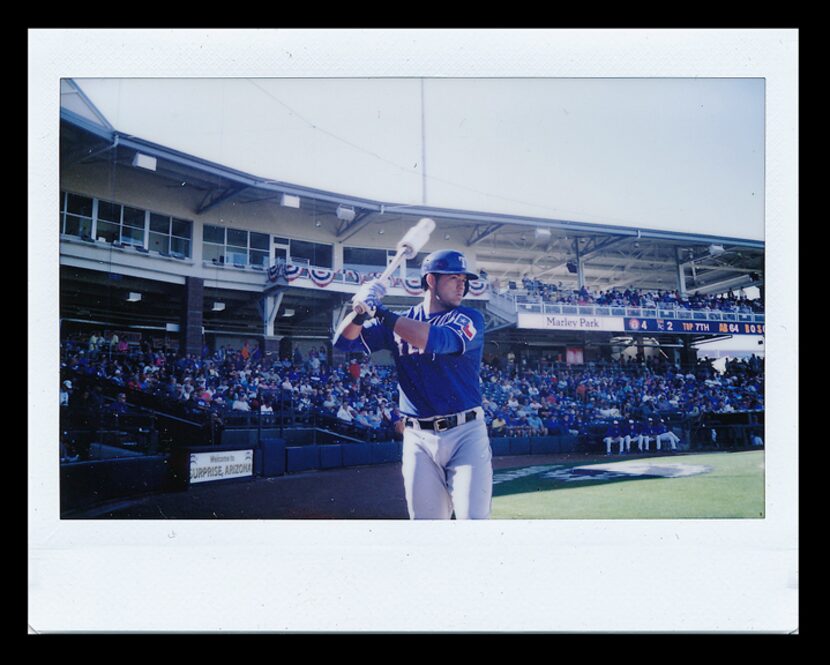  Texas Rangers spring training 2015: Texas Rangers catcher Jorge Alfaro stands on deck...