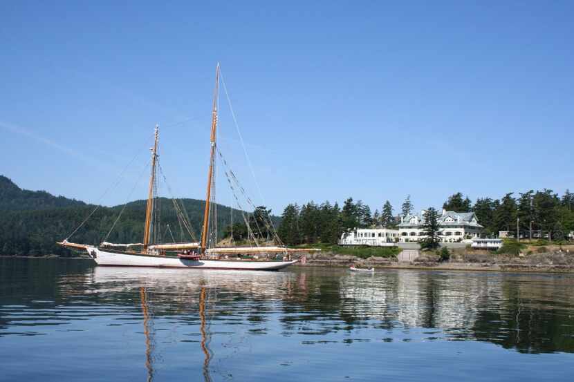 Boat in the water at Rosario Resort on Orcas Island 