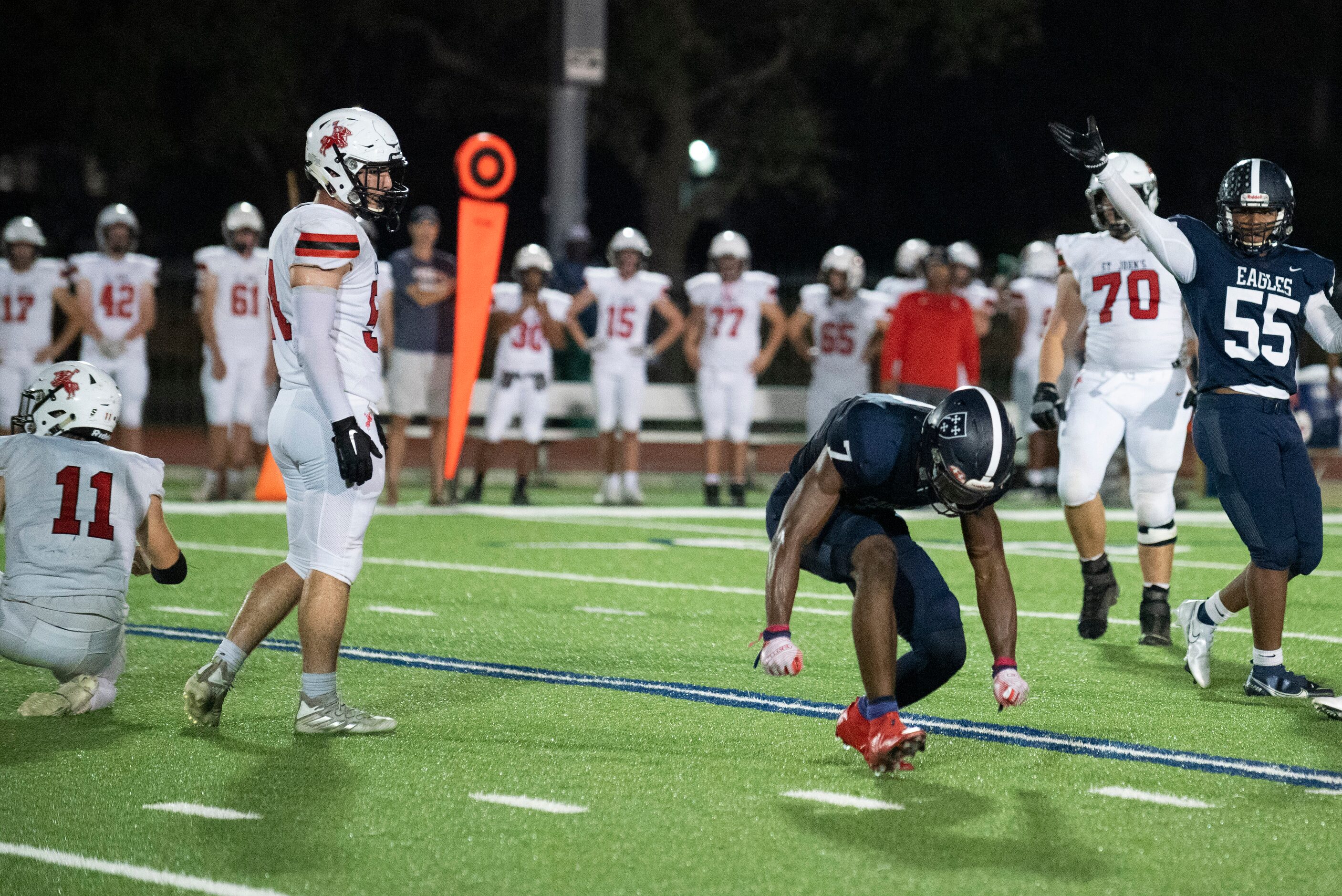 Episcopal School of Dallas senior edge rusher Chase Kennedy (7) celebrates after getting a...