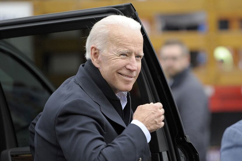 Former US vice president Joe Biden arrives at a rally organized by UFCW Union members to...