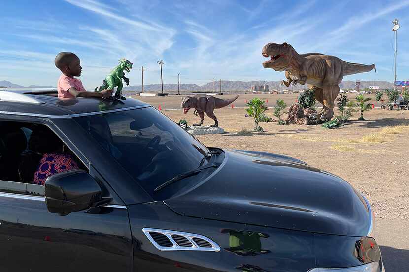 A child looks out the sunroof of the family car as they drive past animatronic dinosaurs in...